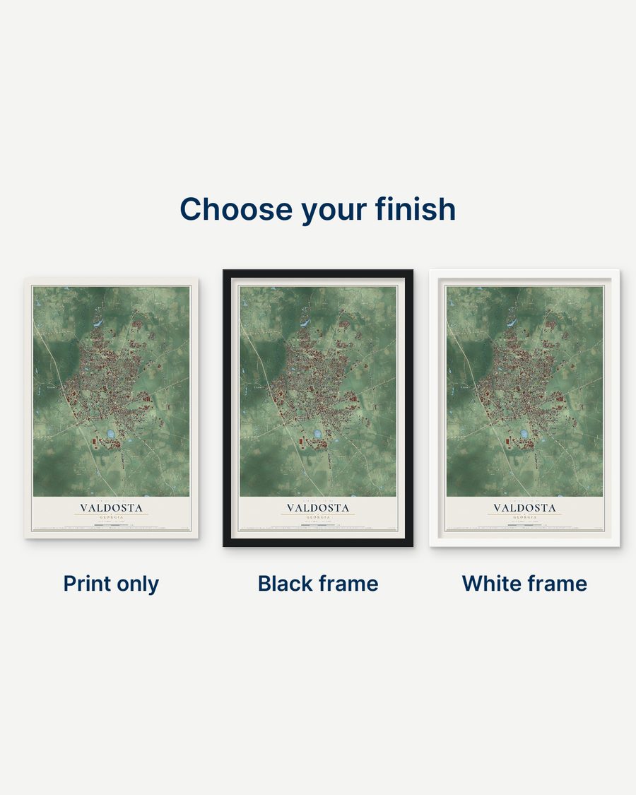 The Valdosta, Georgia map as a print only, in a black frame and in a white frame