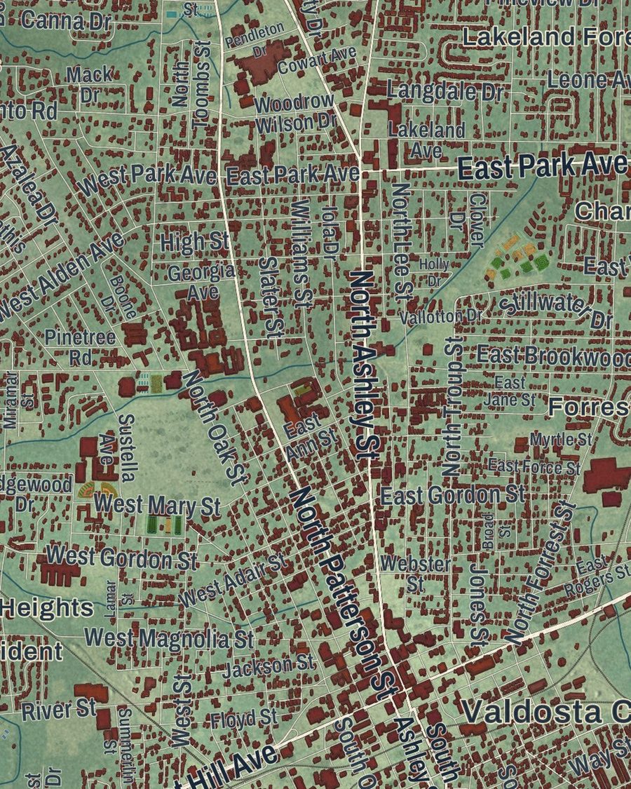 Close-up of Valdosta streets on the map