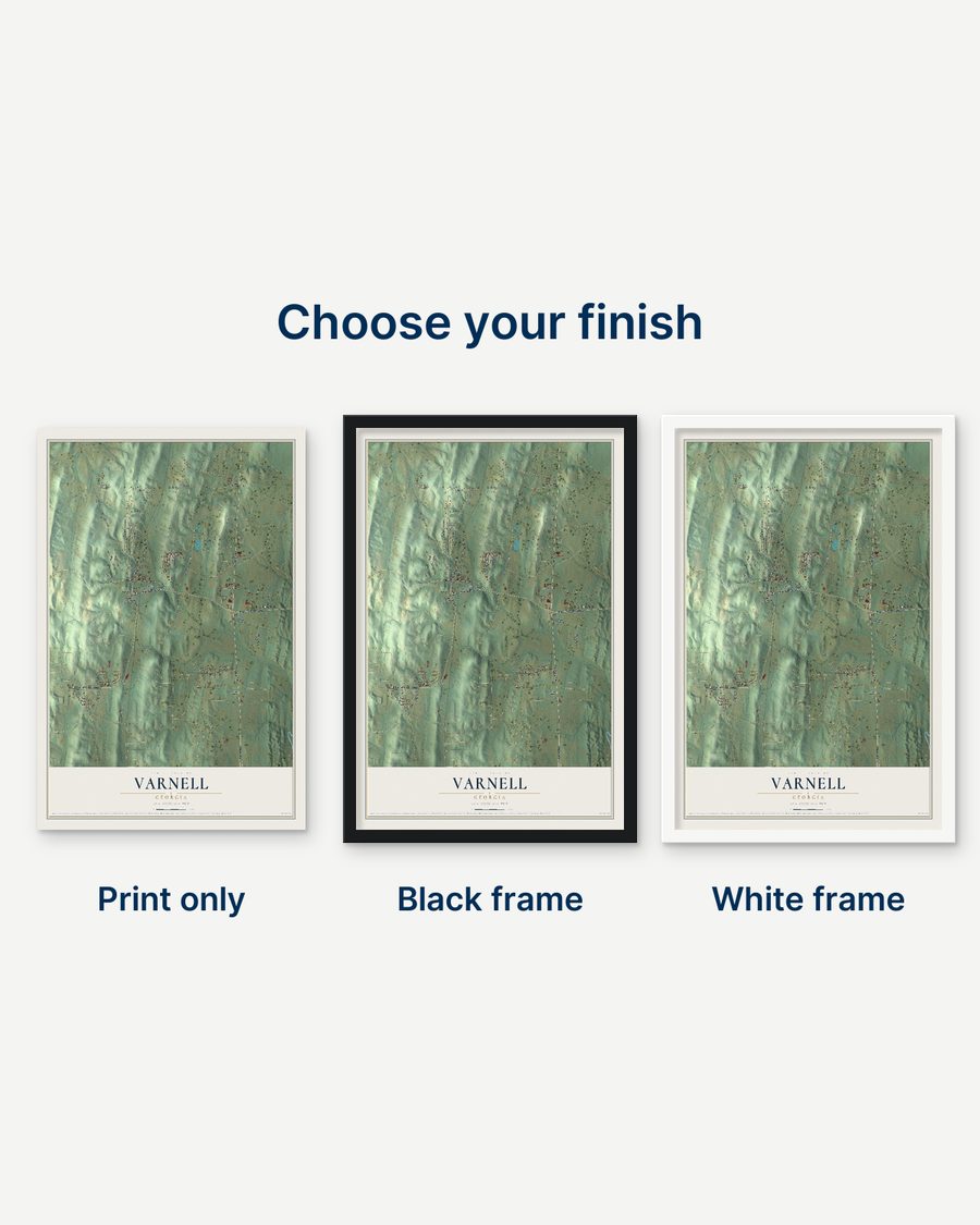 The Varnell, Georgia map as a print only, in a black frame and in a white frame