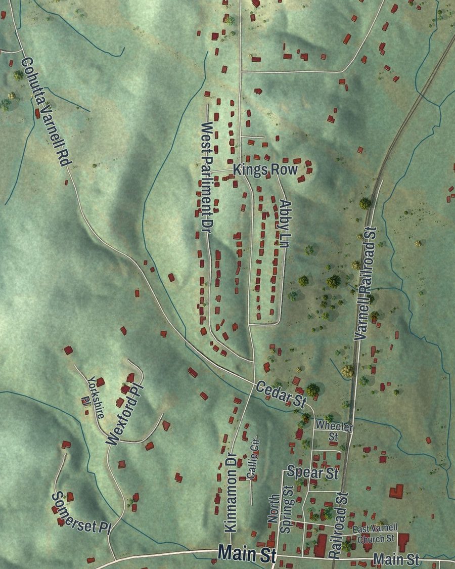 Close-up of Varnell streets on the map