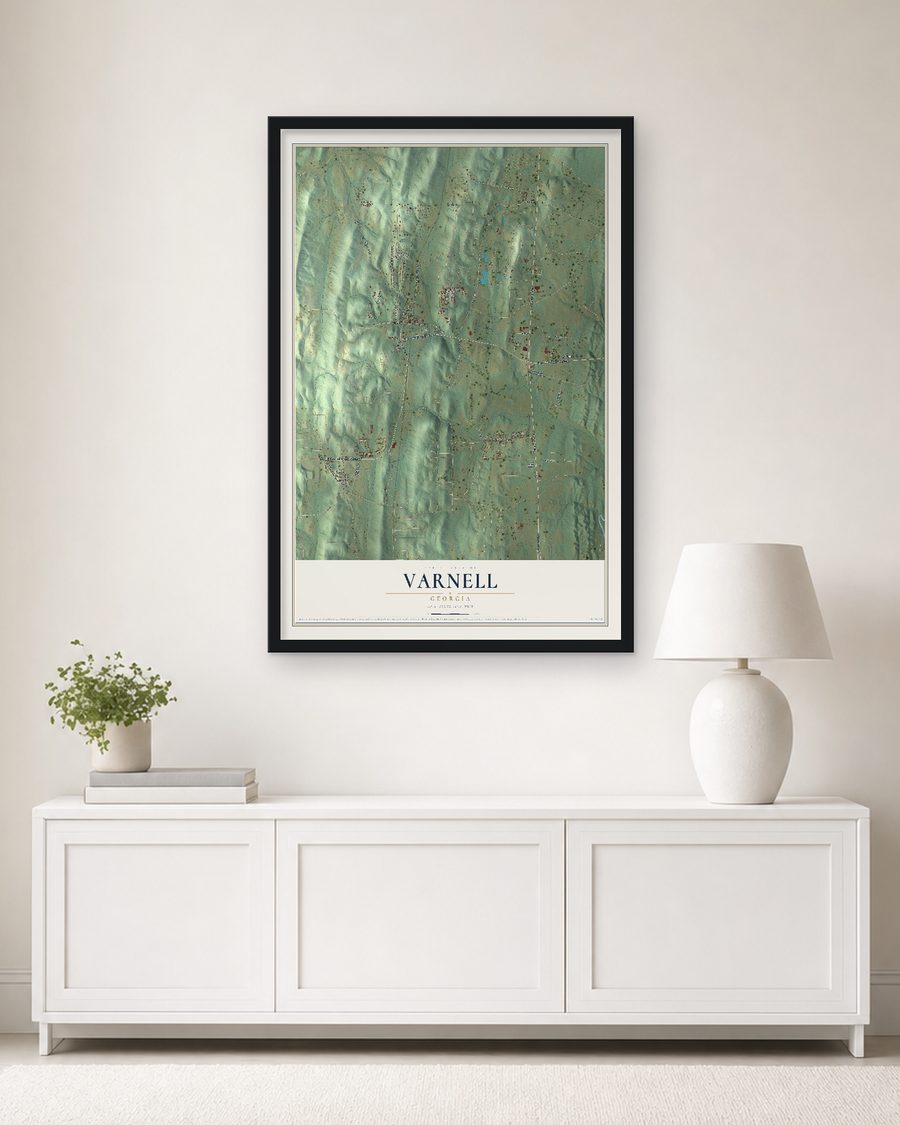 The Varnell, Georgia map, 24 x 36 in, in a black wood frame on a living room wall