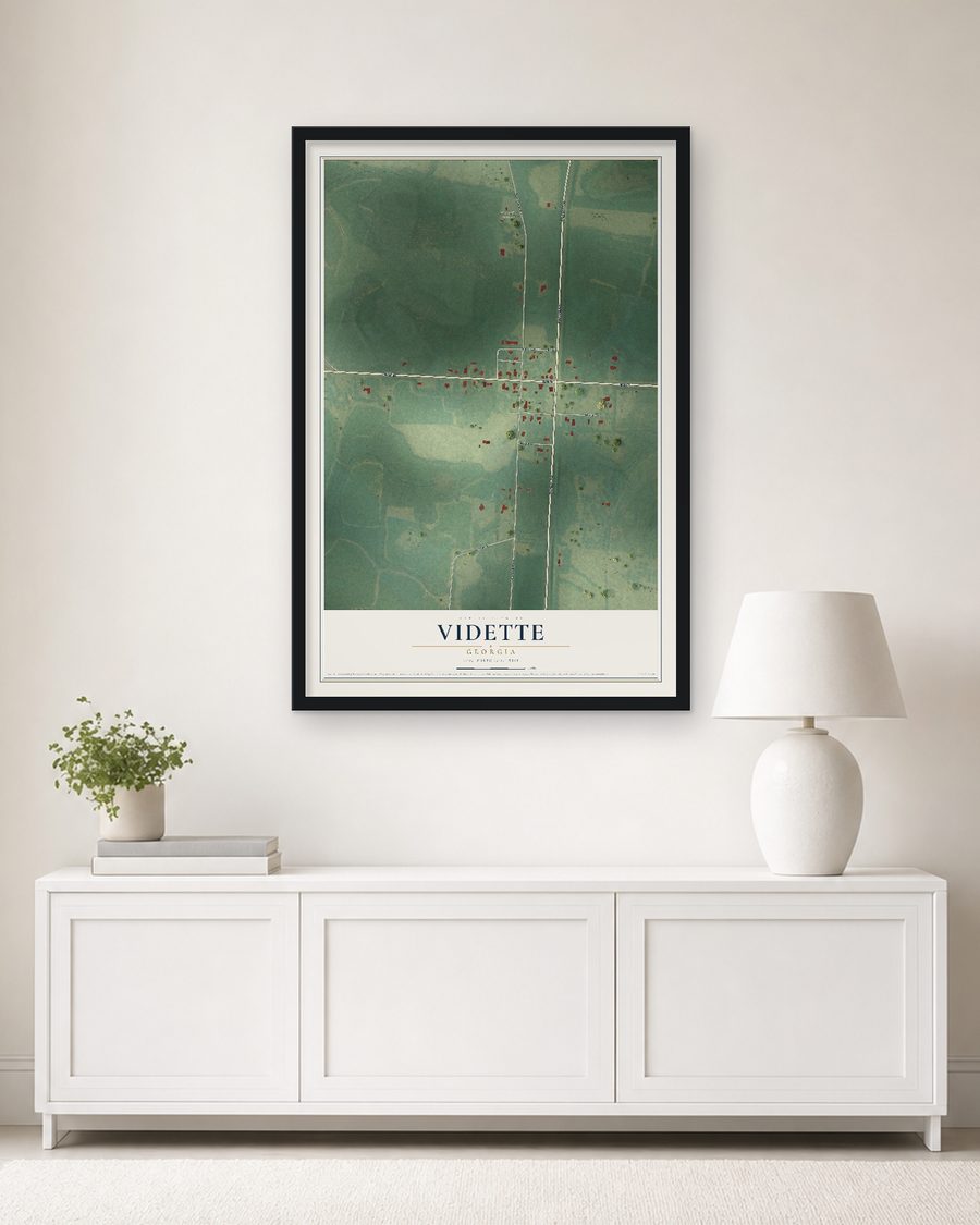 The Vidette, Georgia map, 24 x 36 in, in a black wood frame on a living room wall