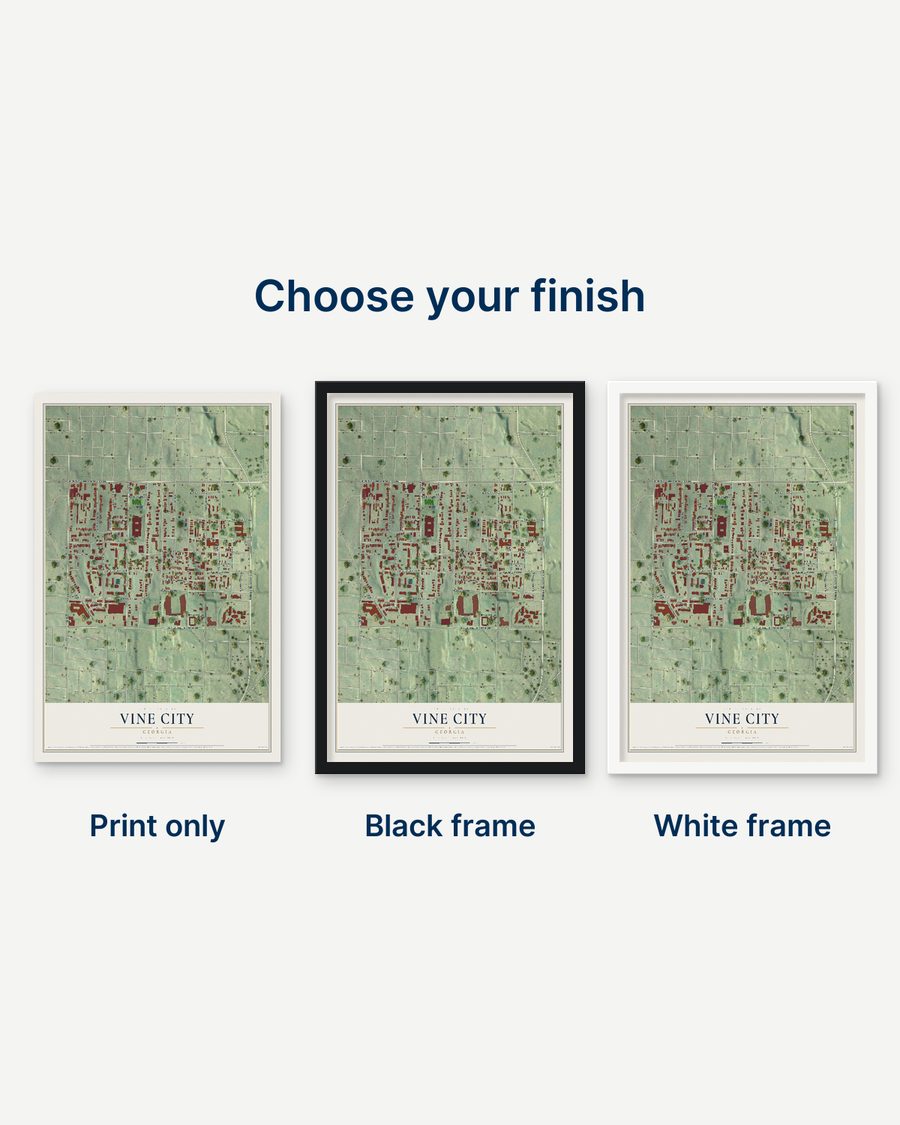 The Vine City, Georgia map as a print only, in a black frame and in a white frame