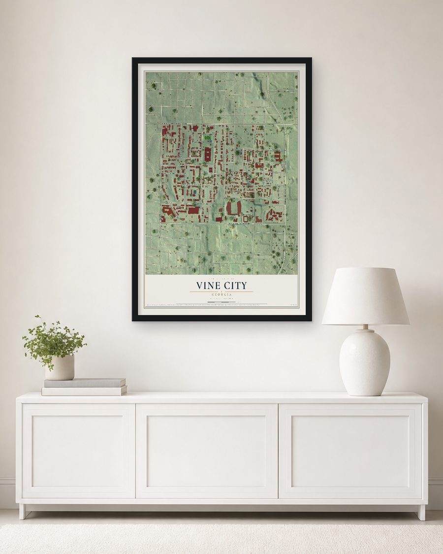 The Vine City, Georgia map, 24 x 36 in, in a black wood frame on a living room wall