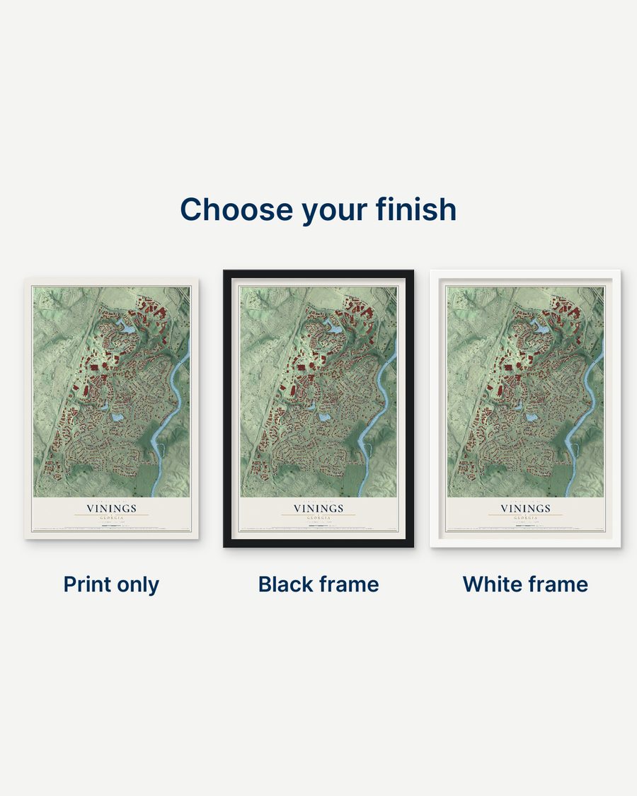 The Vinings, Georgia map as a print only, in a black frame and in a white frame