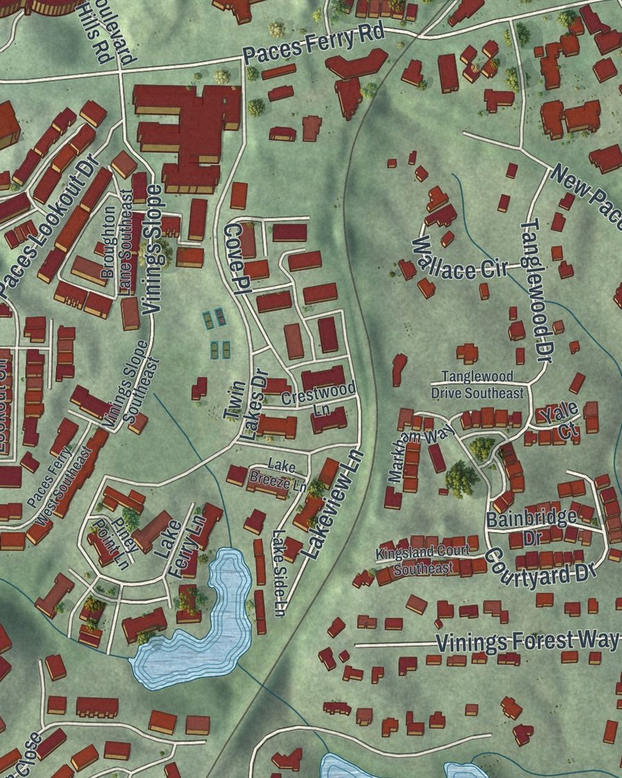 Close-up of Vinings streets on the map