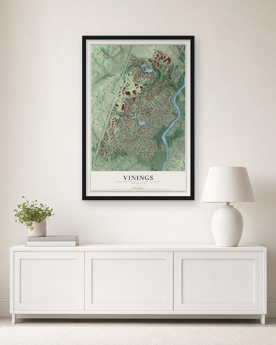 The Vinings, Georgia map, 24 x 36 in, in a black wood frame on a living room wall