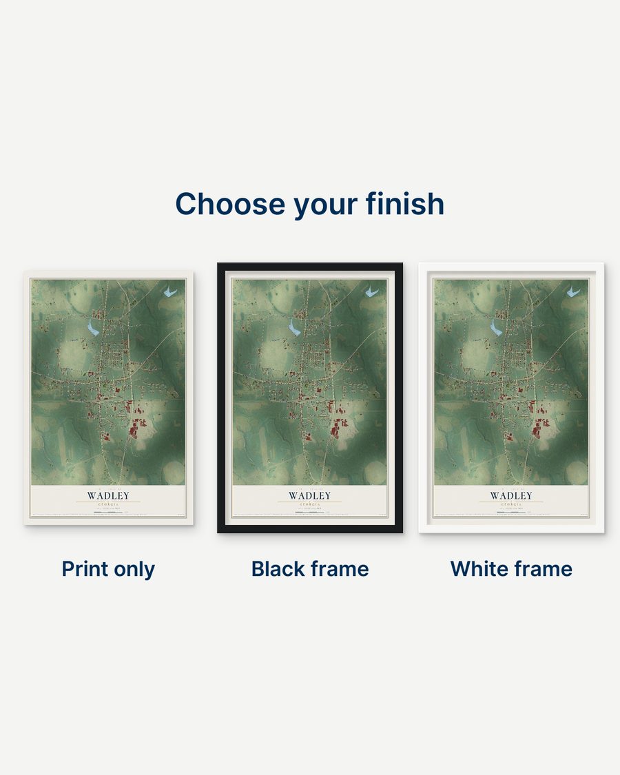 The Wadley, Georgia map as a print only, in a black frame and in a white frame