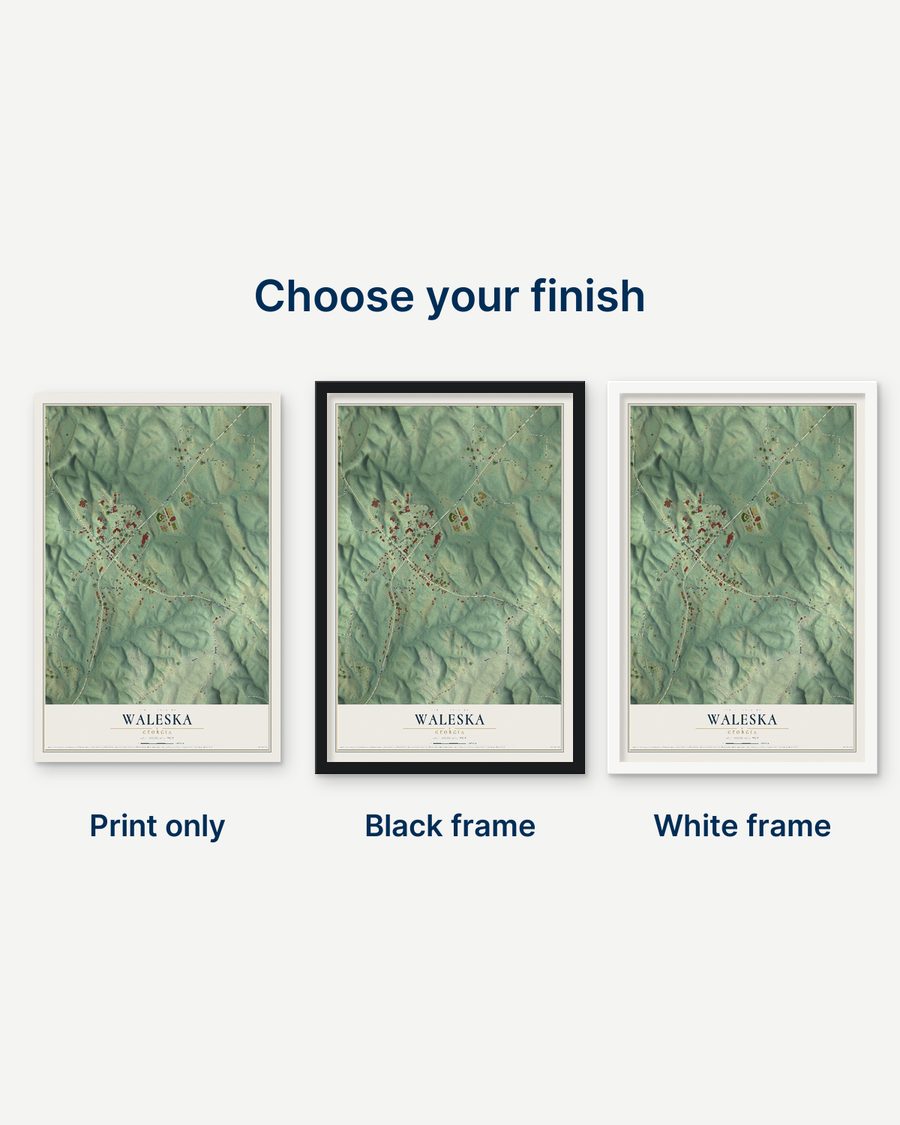 The Waleska, Georgia map as a print only, in a black frame and in a white frame