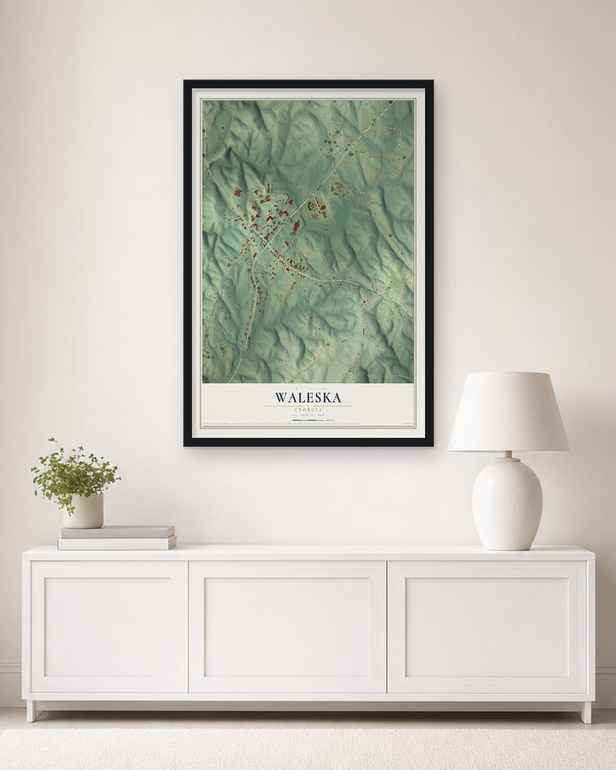 The Waleska, Georgia map, 24 x 36 in, in a black wood frame on a living room wall