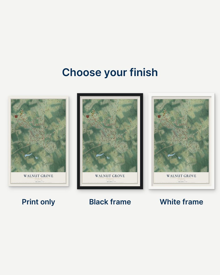 The Walnut Grove, Georgia map as a print only, in a black frame and in a white frame