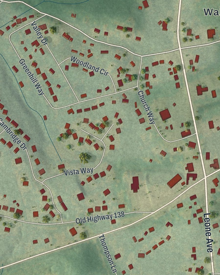 Close-up of Walnut Grove streets on the map