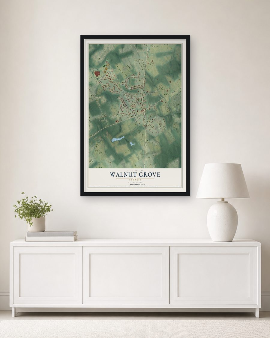 The Walnut Grove, Georgia map, 24 x 36 in, in a black wood frame on a living room wall