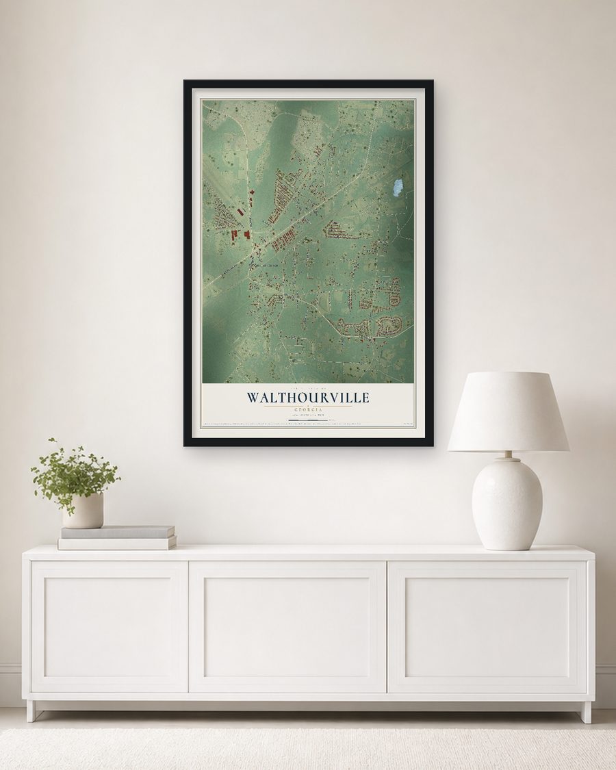 The Walthourville, Georgia map, 24 x 36 in, in a black wood frame on a living room wall
