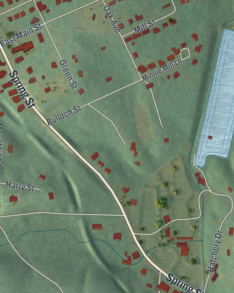Close-up of Warm Springs streets on the map