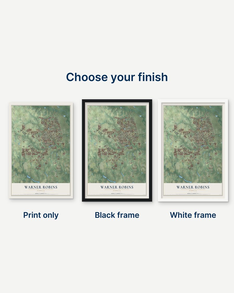 The Warner Robins, Georgia map as a print only, in a black frame and in a white frame