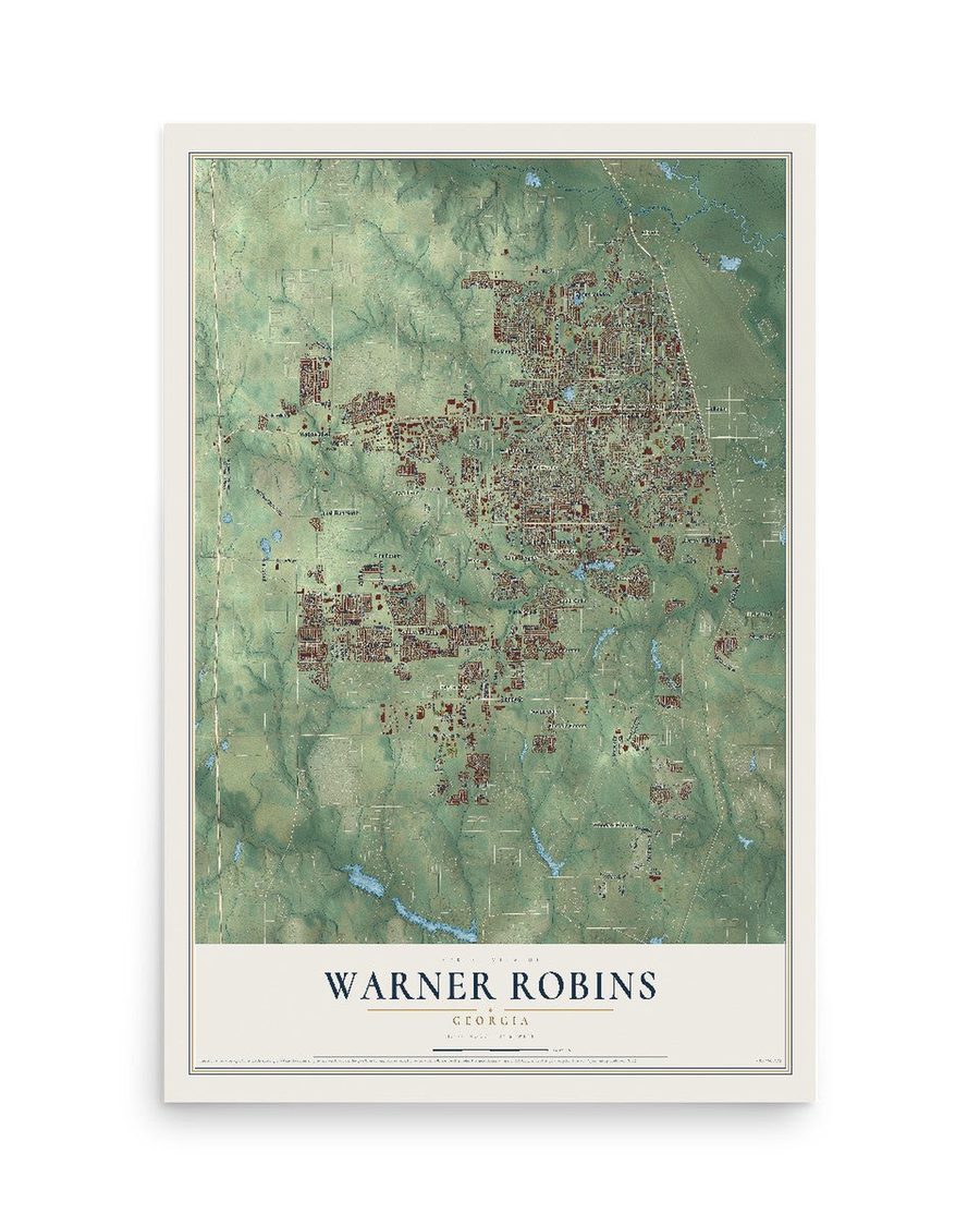 Warner Robins, Georgia map print, 12 x 18 in, print only