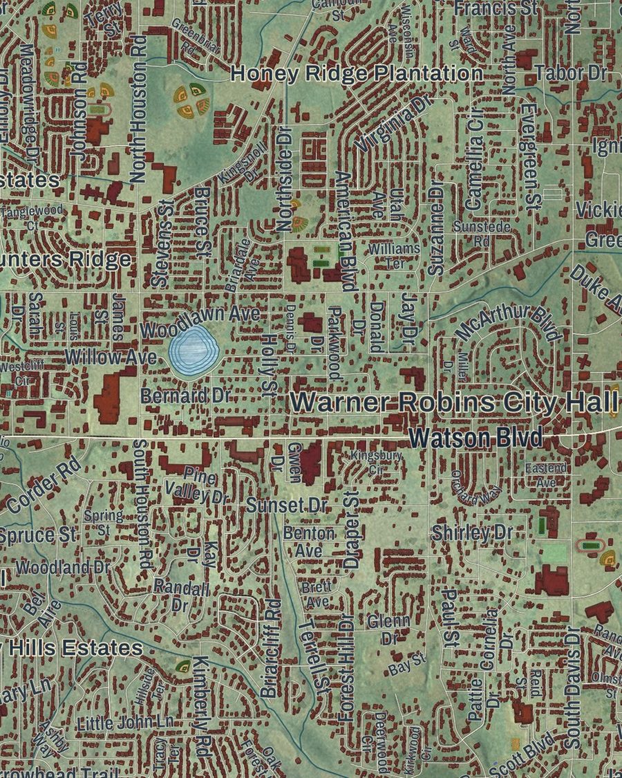 Close-up of Warner Robins streets on the map