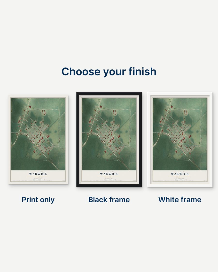 The Warwick, Georgia map as a print only, in a black frame and in a white frame