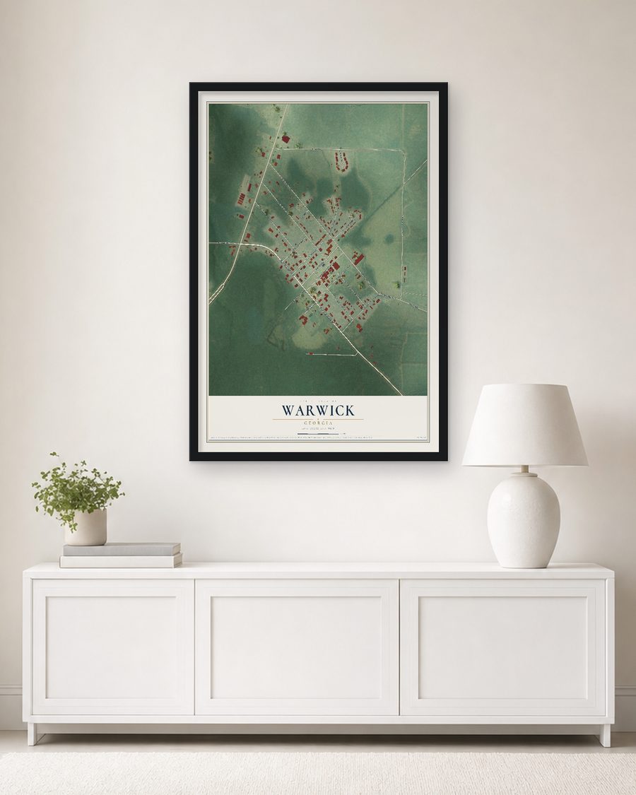 The Warwick, Georgia map, 24 x 36 in, in a black wood frame on a living room wall