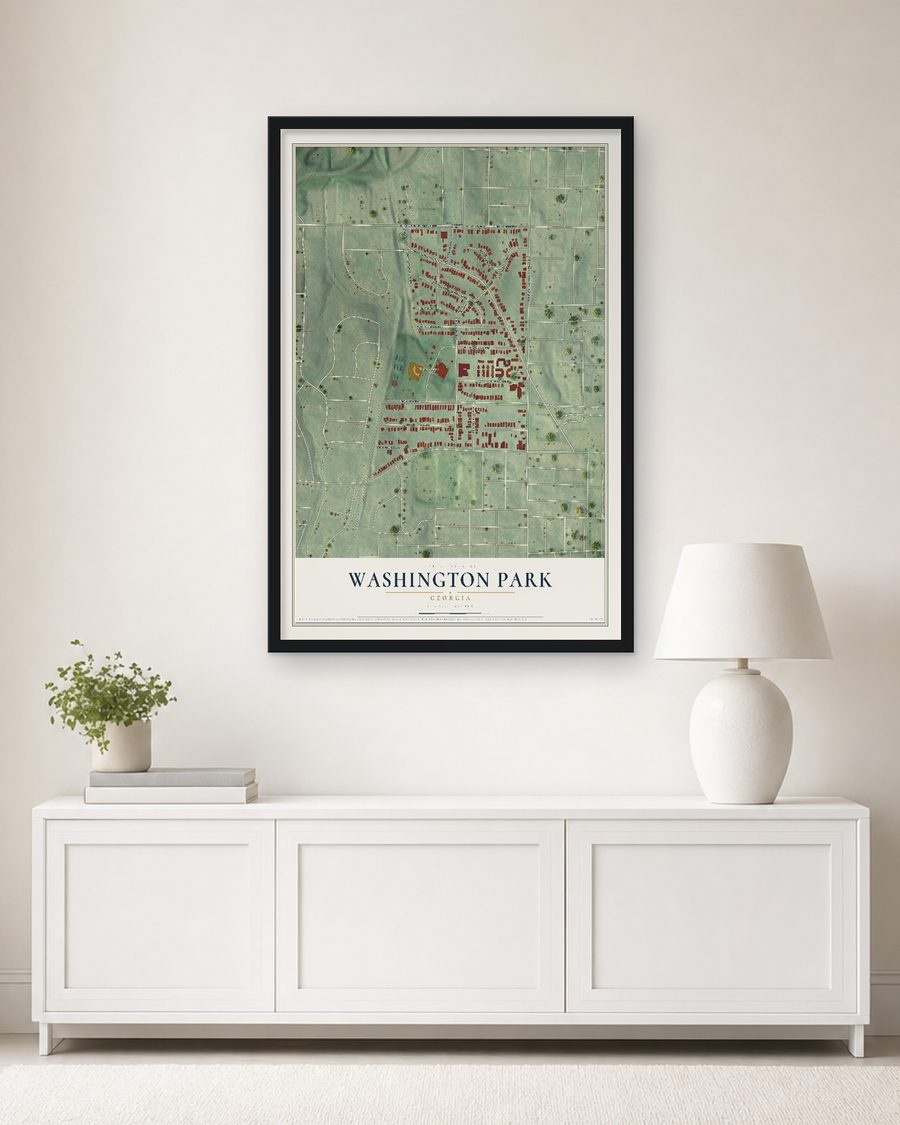 The Washington Park, Georgia map, 24 x 36 in, in a black wood frame on a living room wall