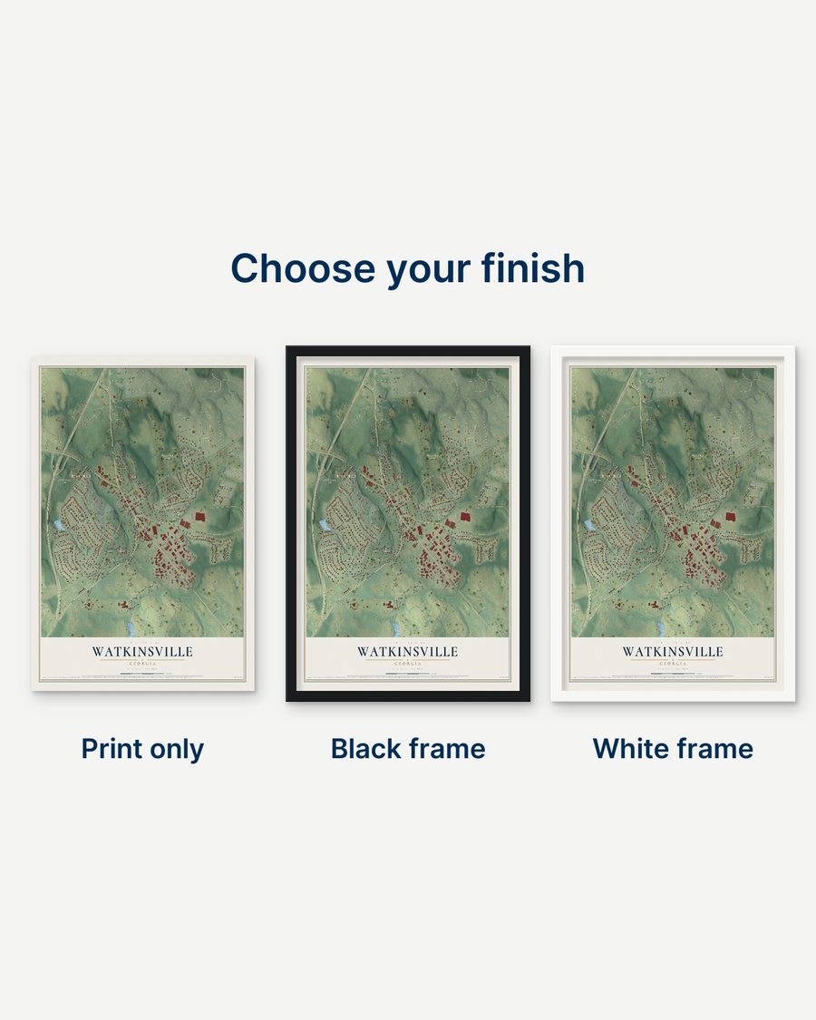 The Watkinsville, Georgia map as a print only, in a black frame and in a white frame
