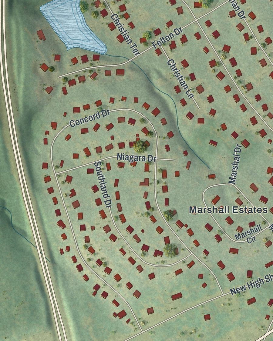 Close-up of Watkinsville streets on the map