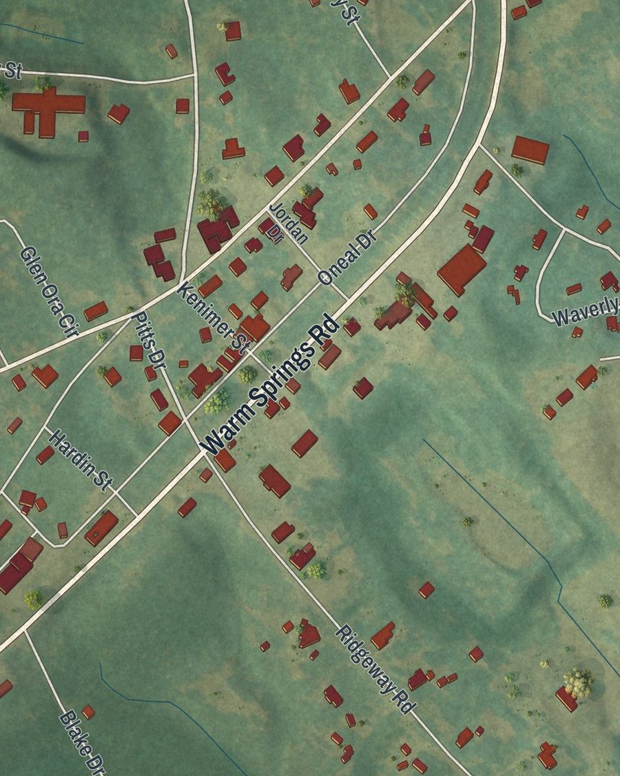 Close-up of Waverly Hall streets on the map
