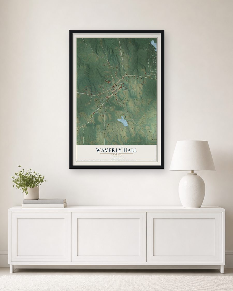The Waverly Hall, Georgia map, 24 x 36 in, in a black wood frame on a living room wall