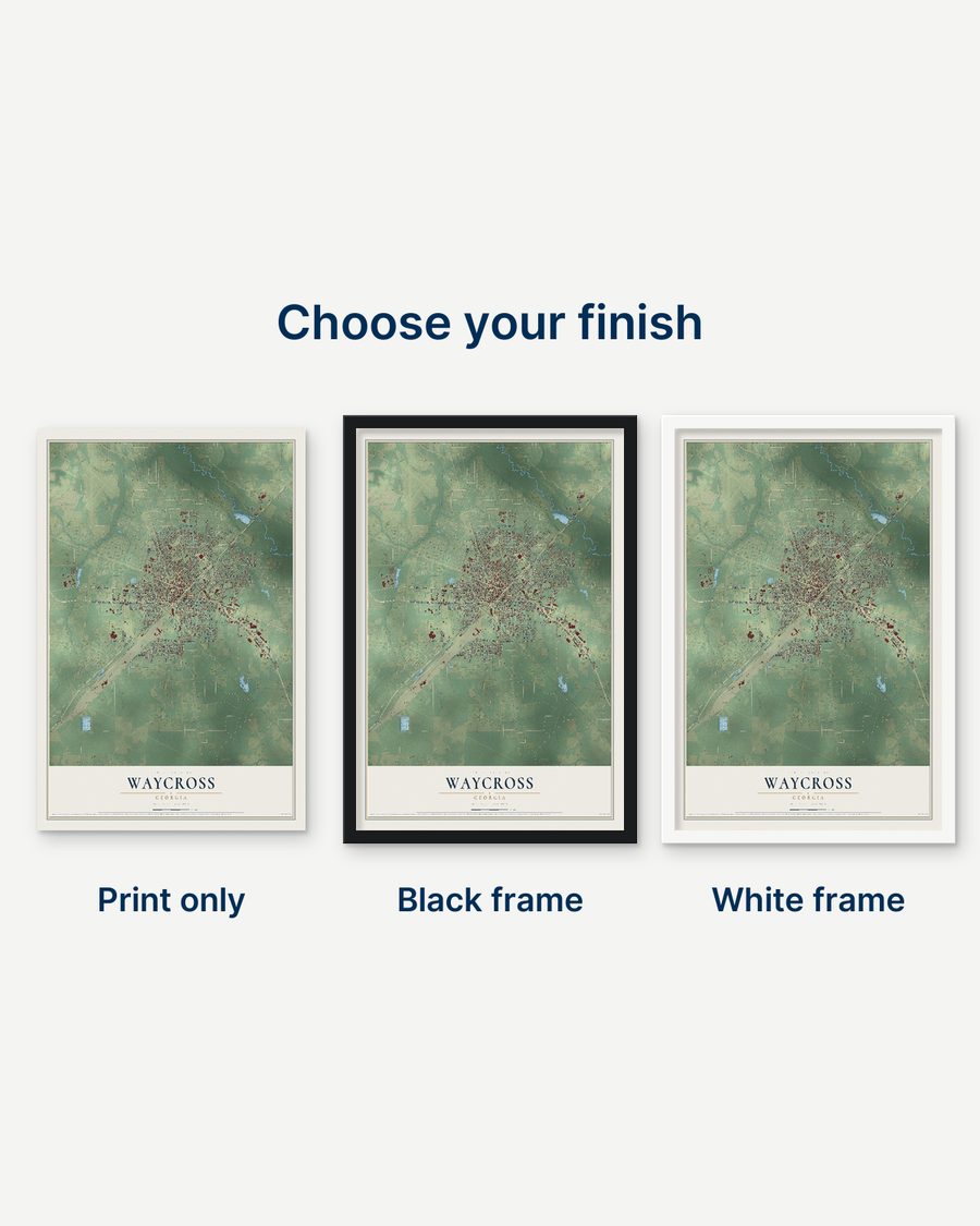 The Waycross, Georgia map as a print only, in a black frame and in a white frame