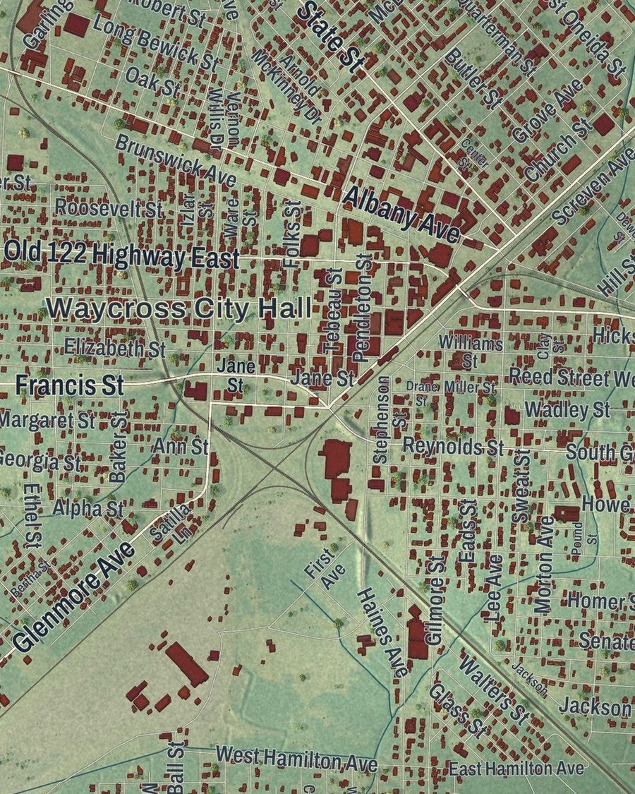 Close-up of Waycross streets on the map