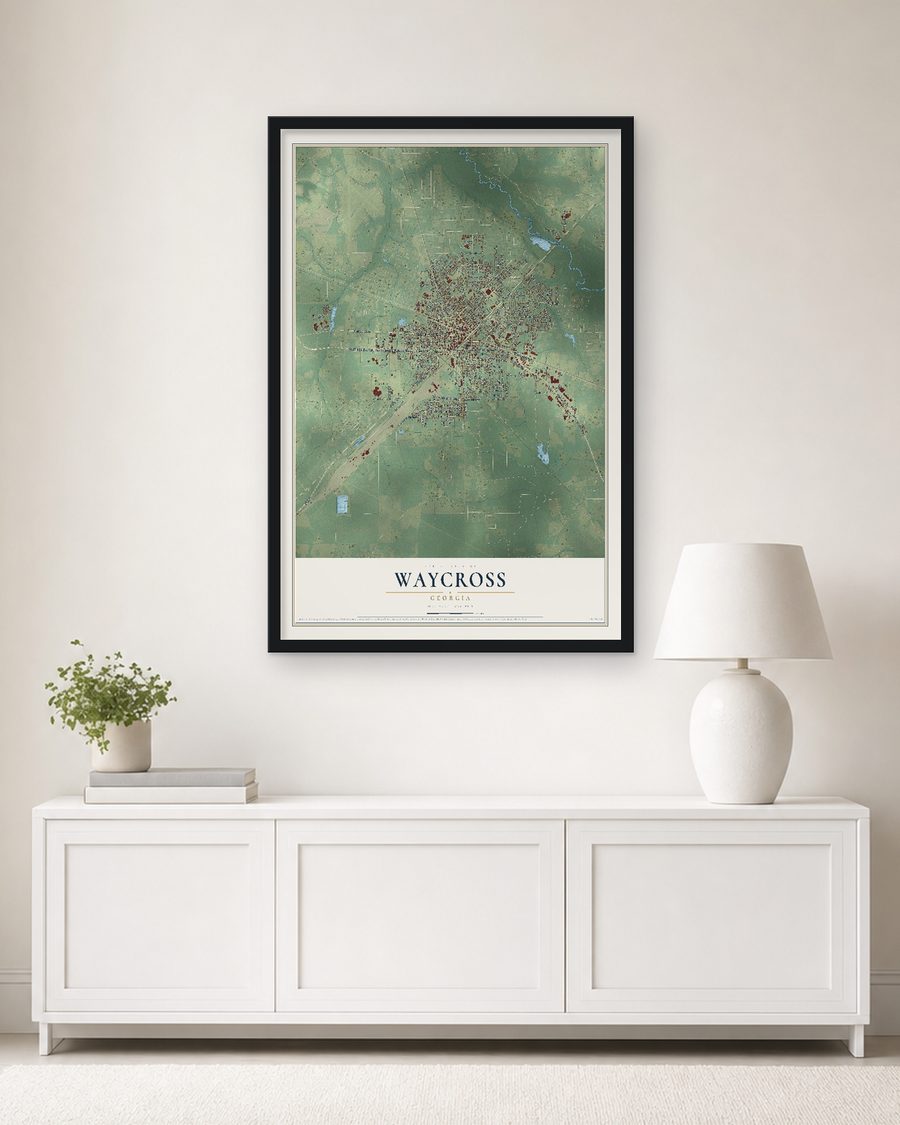 The Waycross, Georgia map, 24 x 36 in, in a black wood frame on a living room wall