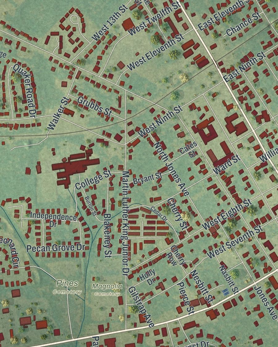 Close-up of Waynesboro streets on the map