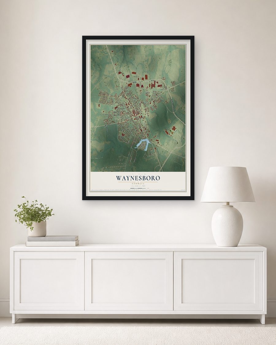 The Waynesboro, Georgia map, 24 x 36 in, in a black wood frame on a living room wall