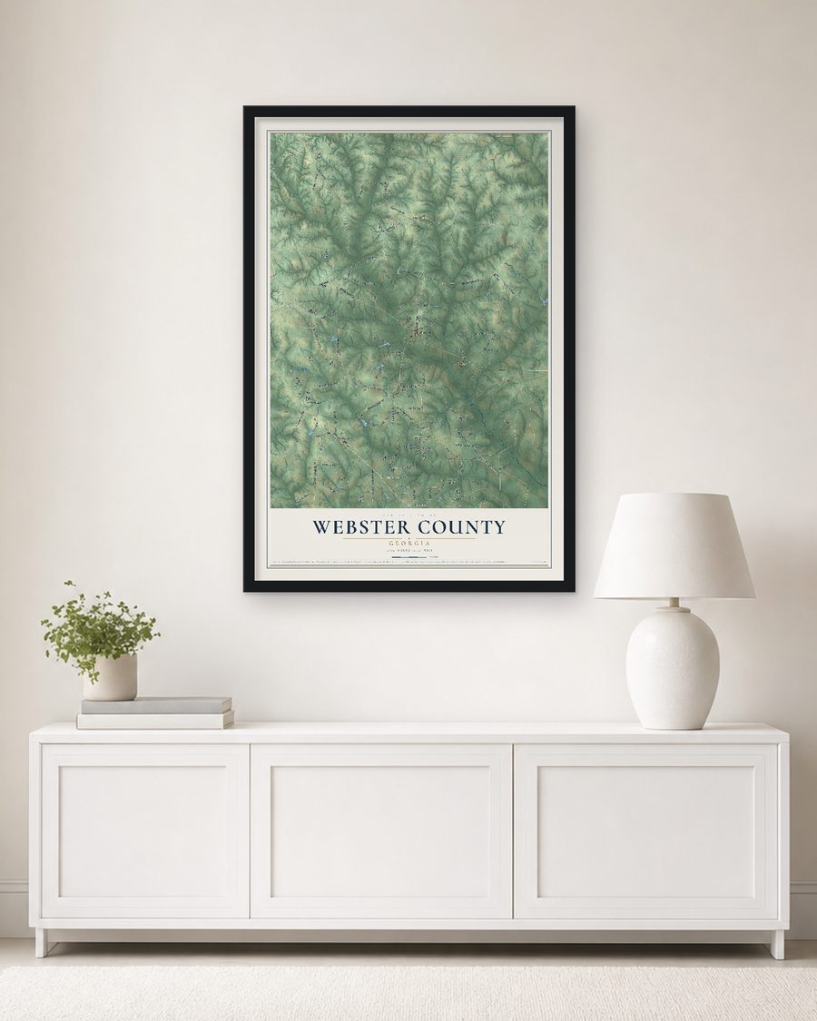 The Webster County, Georgia map, 24 x 36 in, in a black wood frame on a living room wall