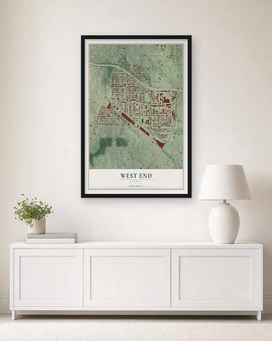 The West End, Georgia map, 24 x 36 in, in a black wood frame on a living room wall