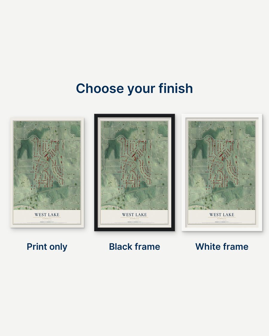 The West Lake, Georgia map as a print only, in a black frame and in a white frame