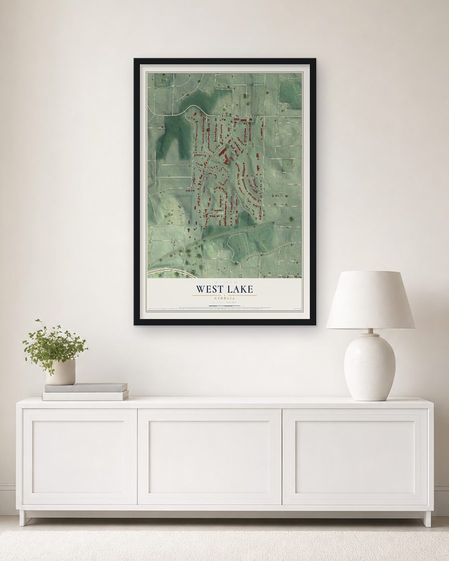 The West Lake, Georgia map, 24 x 36 in, in a black wood frame on a living room wall