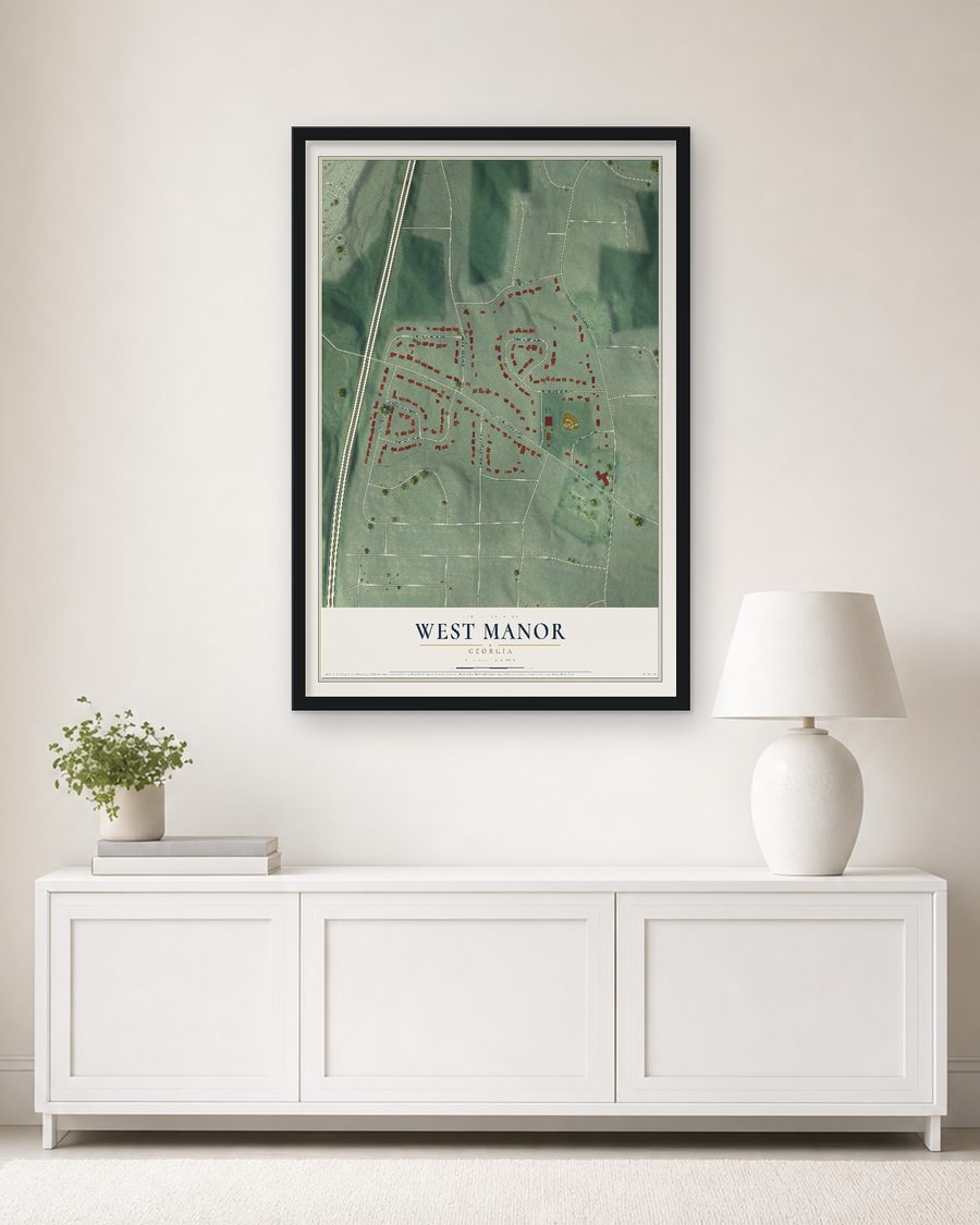 The West Manor, Georgia map, 24 x 36 in, in a black wood frame on a living room wall