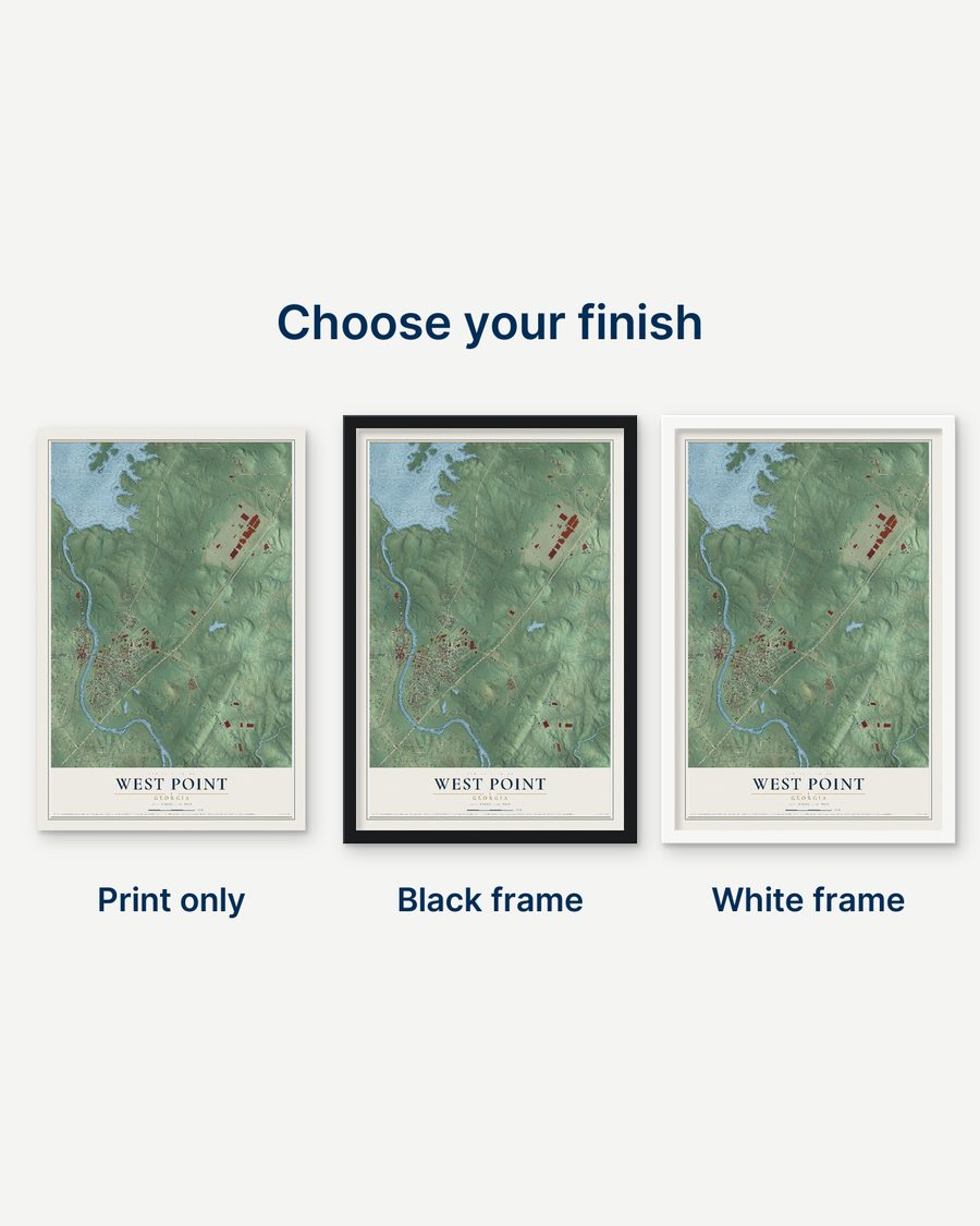The West Point, Georgia map as a print only, in a black frame and in a white frame