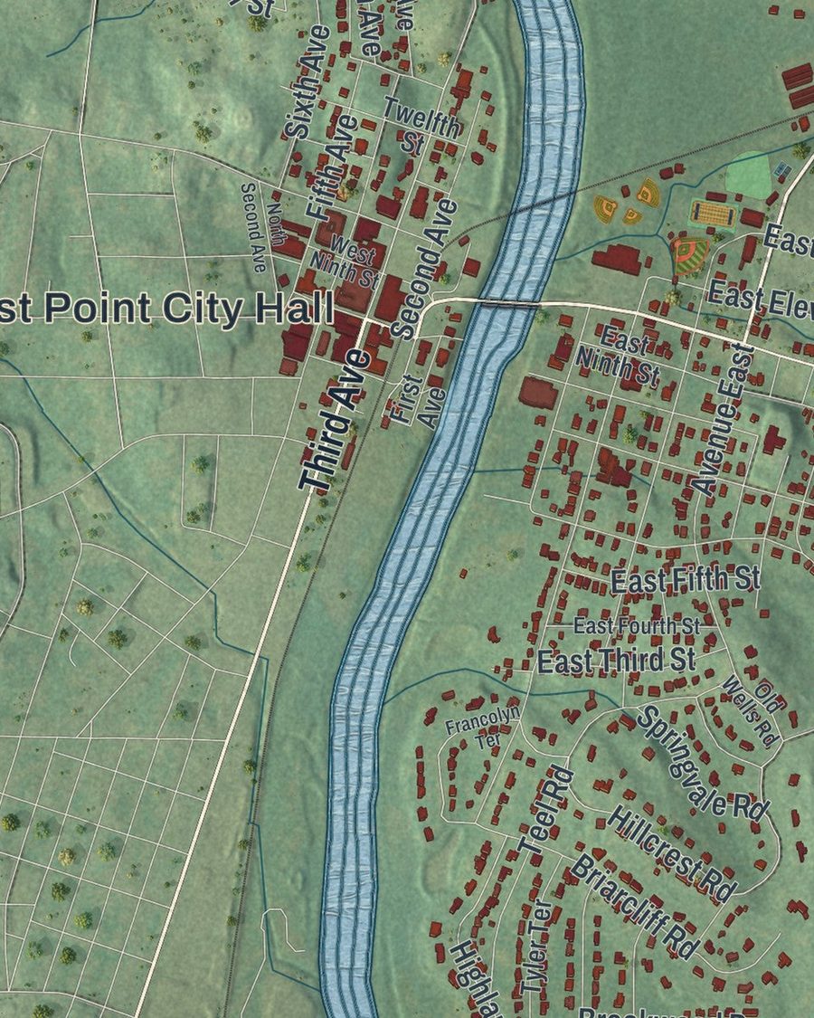 Close-up of West Point streets on the map