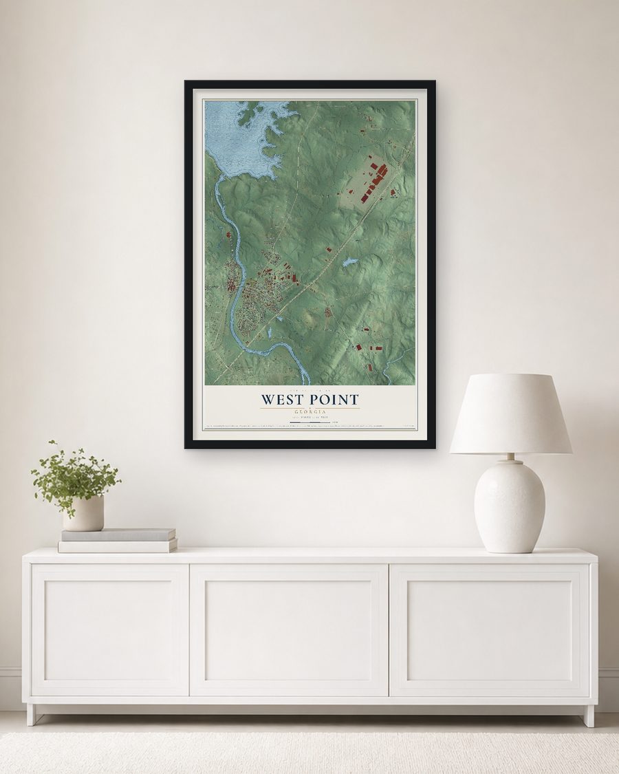 The West Point, Georgia map, 24 x 36 in, in a black wood frame on a living room wall