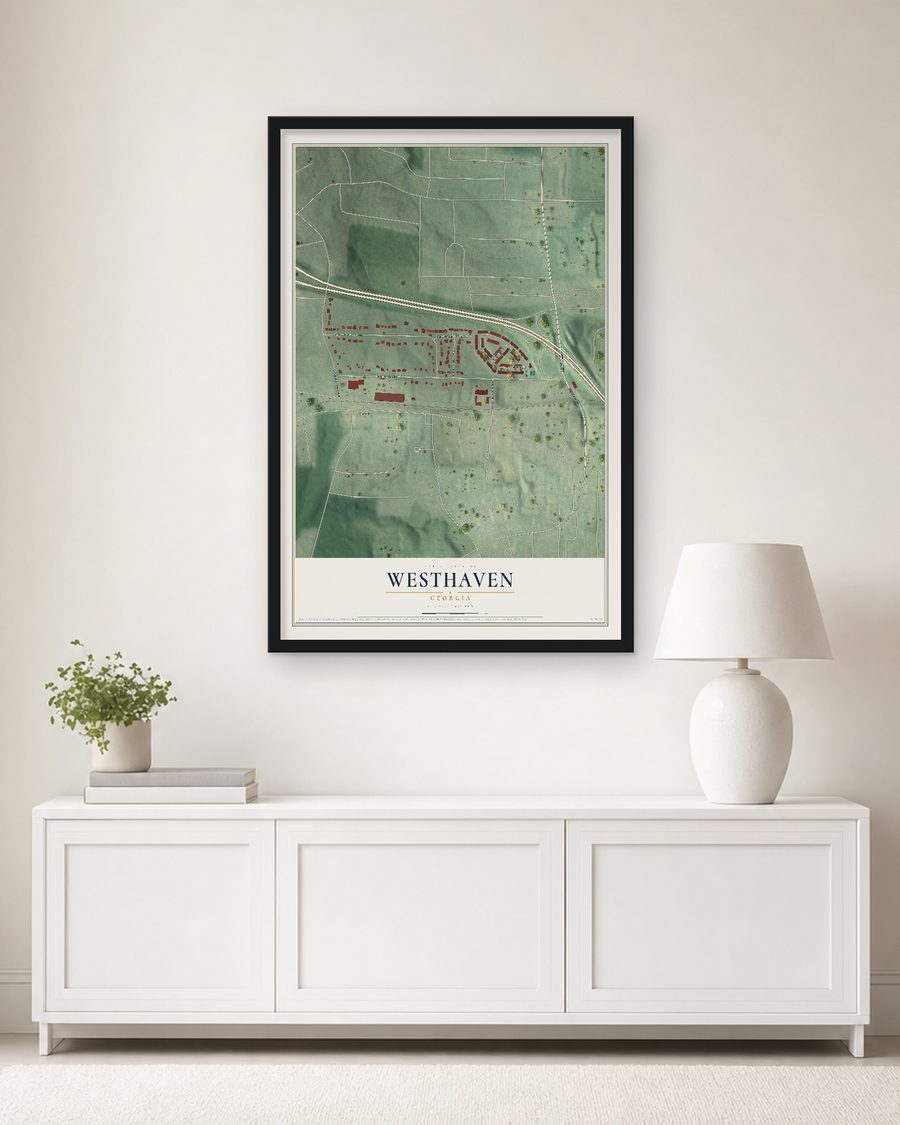 The Westhaven, Georgia map, 24 x 36 in, in a black wood frame on a living room wall