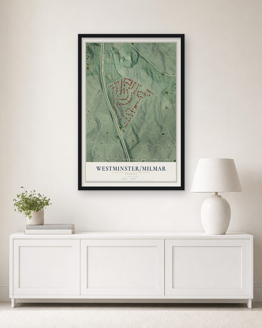 The Westminster-Milmar, Georgia map, 24 x 36 in, in a black wood frame on a living room wall
