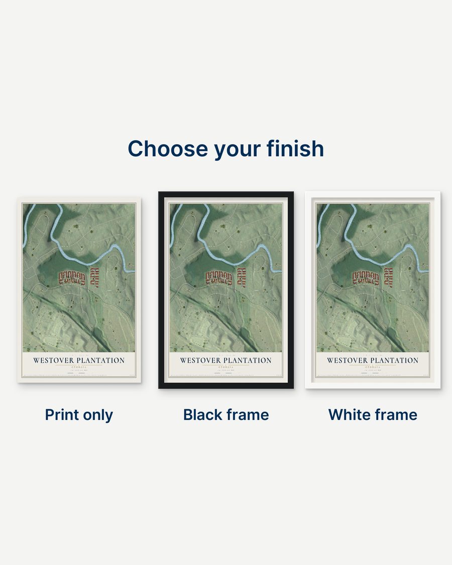 The Westover Plantation, Georgia map as a print only, in a black frame and in a white frame