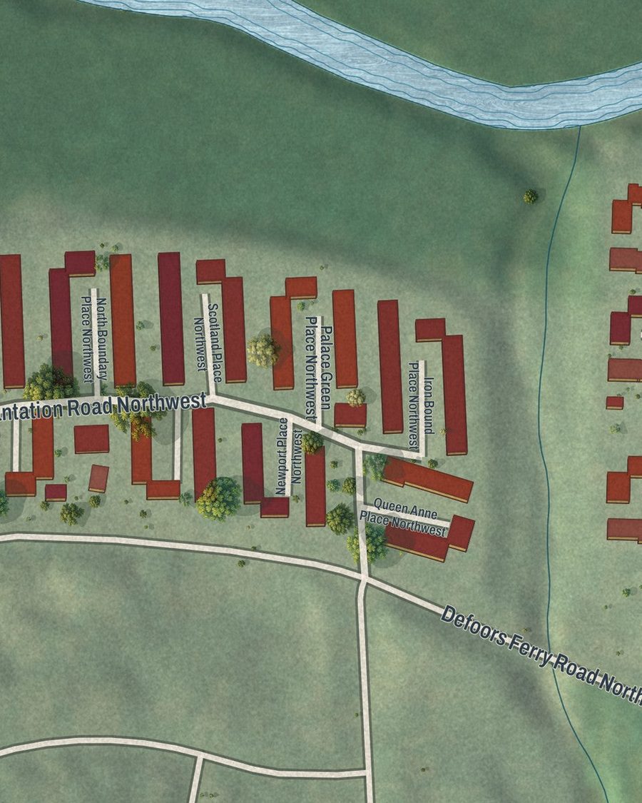 Close-up of Westover Plantation streets on the map