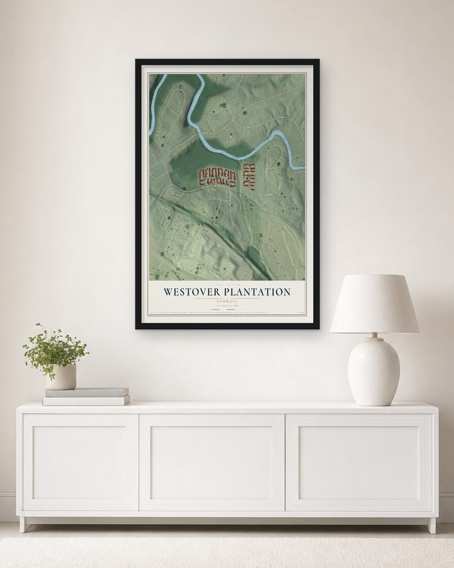 The Westover Plantation, Georgia map, 24 x 36 in, in a black wood frame on a living room wall