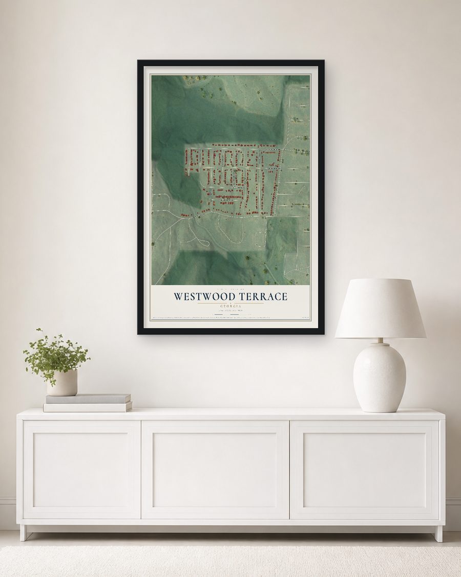 The Westwood Terrace, Georgia map, 24 x 36 in, in a black wood frame on a living room wall
