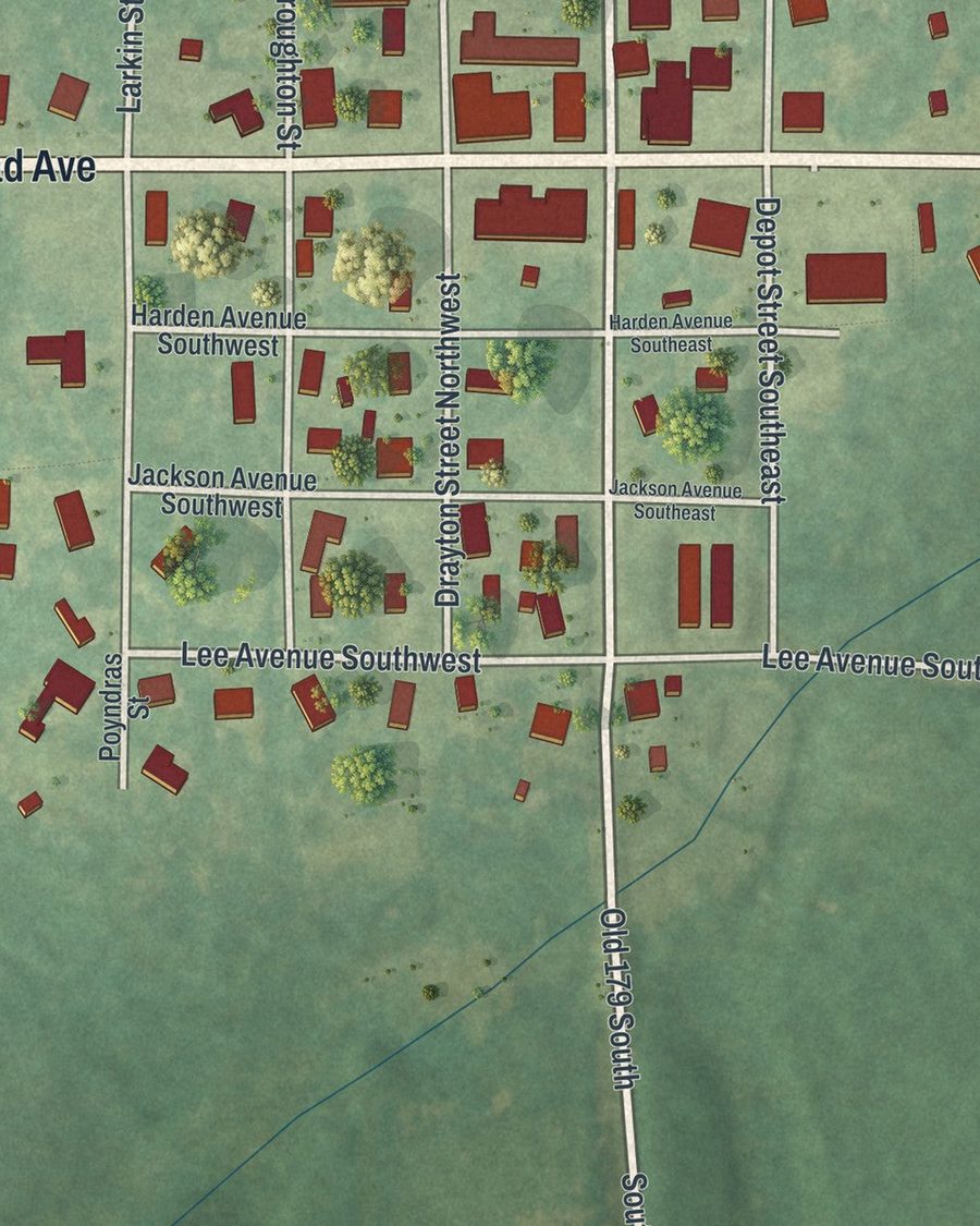 Close-up of Whigham streets on the map