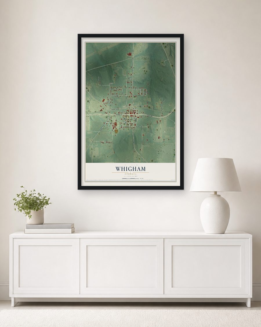 The Whigham, Georgia map, 24 x 36 in, in a black wood frame on a living room wall